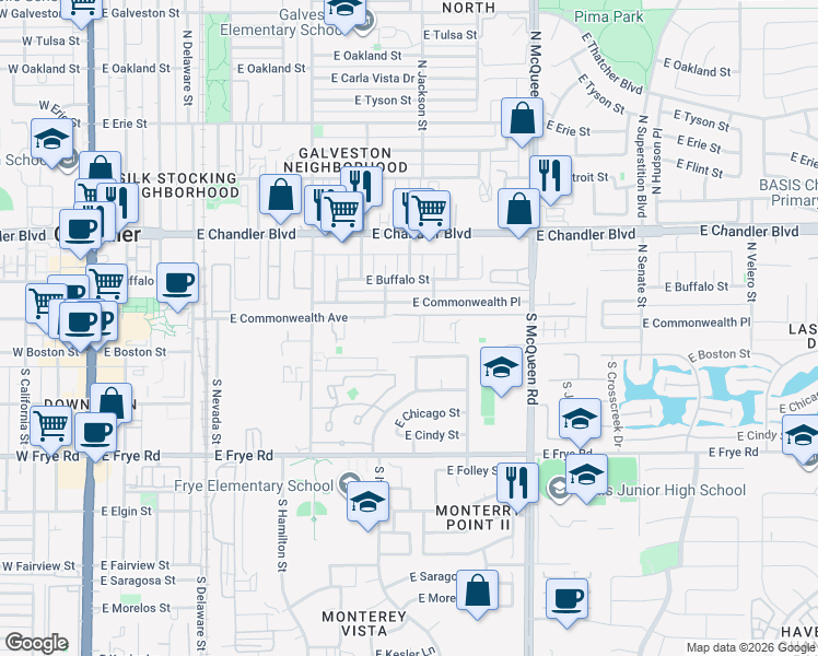 map of restaurants, bars, coffee shops, grocery stores, and more near 699 East Commonwealth Avenue in Chandler