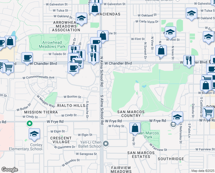map of restaurants, bars, coffee shops, grocery stores, and more near 125 North Alma School Road in Chandler