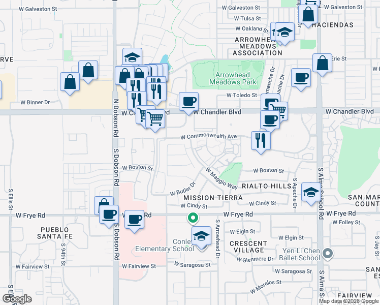 map of restaurants, bars, coffee shops, grocery stores, and more near 31 South Ash Drive in Chandler