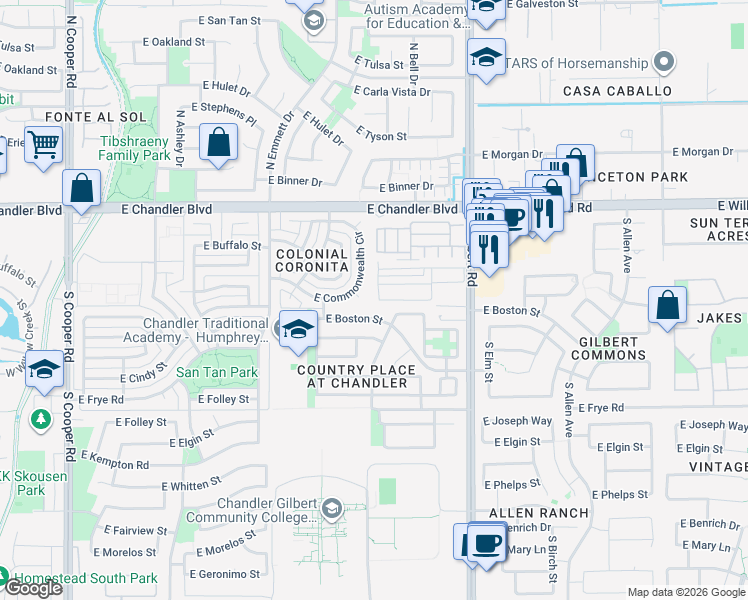 map of restaurants, bars, coffee shops, grocery stores, and more near 13406 East Boston Street in Chandler