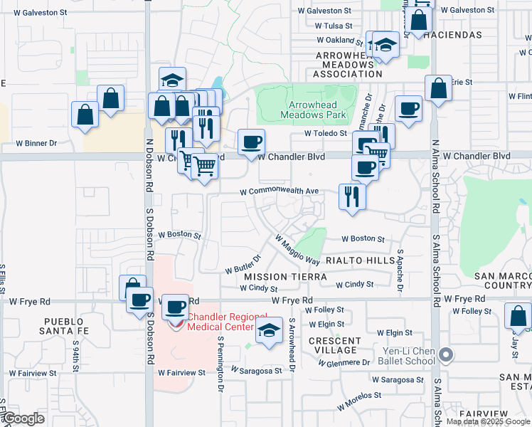 map of restaurants, bars, coffee shops, grocery stores, and more near 1586 West Maggio Way in Chandler