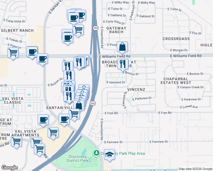 map of restaurants, bars, coffee shops, grocery stores, and more near 2439 East Vermont Drive in Gilbert