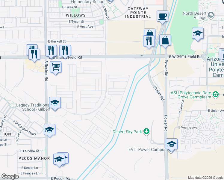 map of restaurants, bars, coffee shops, grocery stores, and more near 4445 East Jones Street in Gilbert