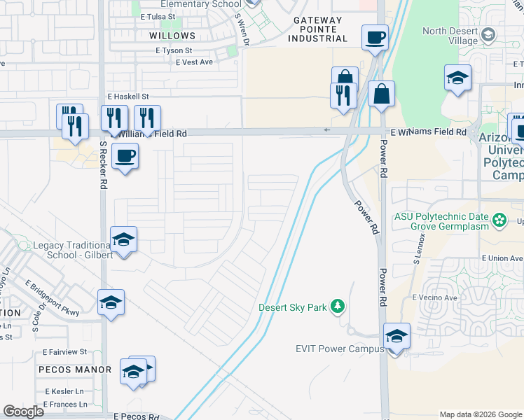 map of restaurants, bars, coffee shops, grocery stores, and more near 4445 E Jones St in Gilbert