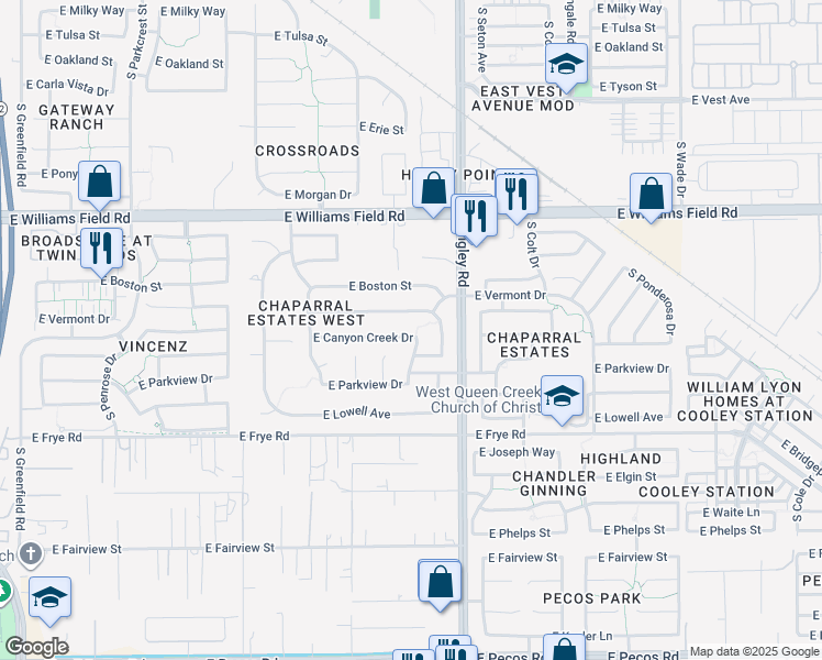 map of restaurants, bars, coffee shops, grocery stores, and more near 3114 East Canyon Creek Drive in Gilbert