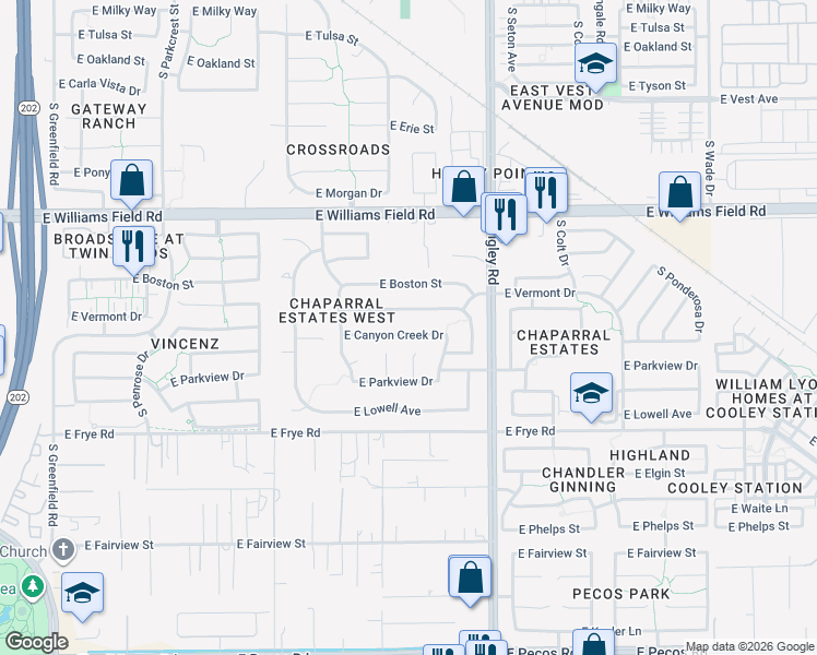map of restaurants, bars, coffee shops, grocery stores, and more near 3058 East Canyon Creek Drive in Gilbert