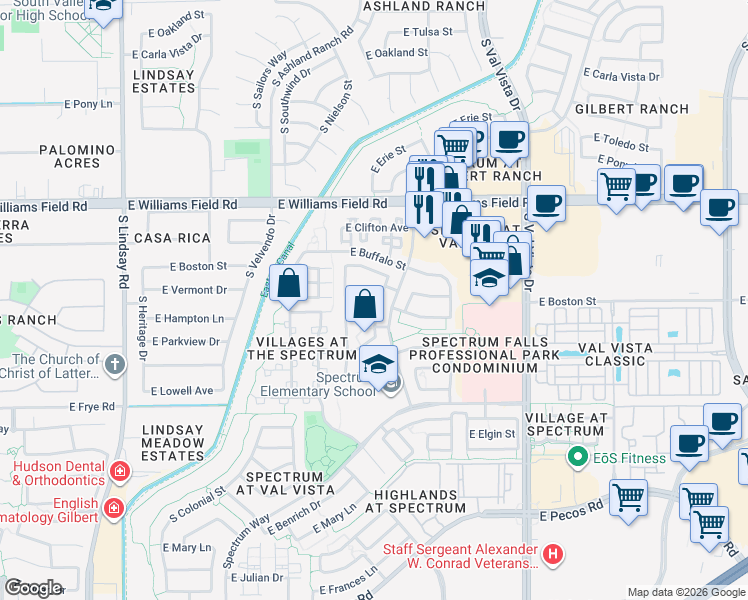 map of restaurants, bars, coffee shops, grocery stores, and more near 1305 East Vermont Drive in Gilbert