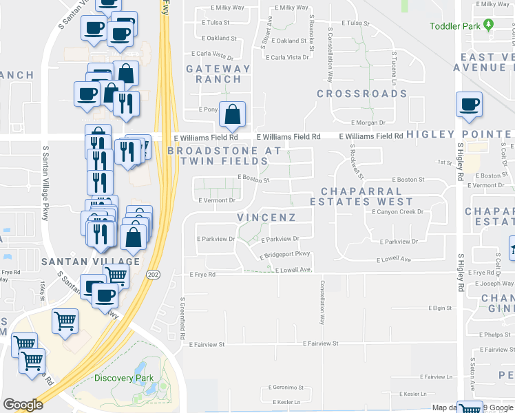 map of restaurants, bars, coffee shops, grocery stores, and more near 2614 South Penrose Drive in Gilbert
