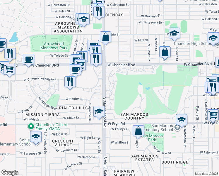 map of restaurants, bars, coffee shops, grocery stores, and more near 125 South Alma School Road in Chandler