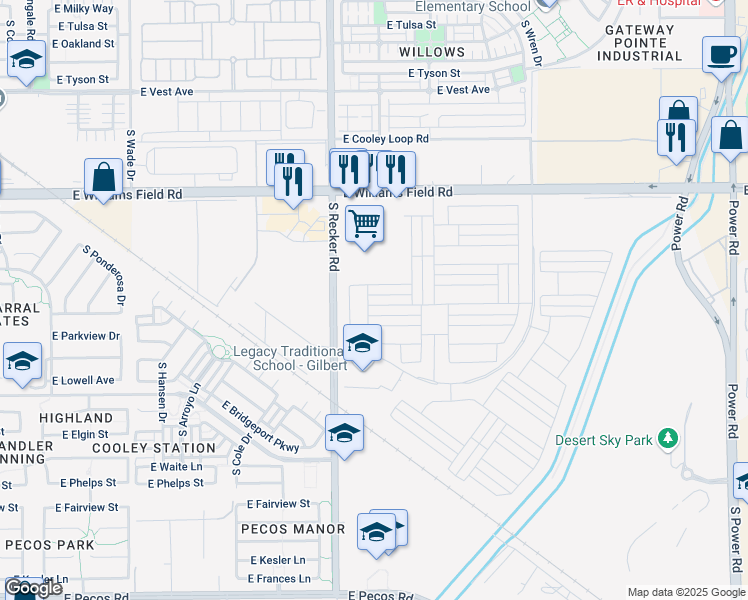 map of restaurants, bars, coffee shops, grocery stores, and more near 4090 East Jones Street in Gilbert