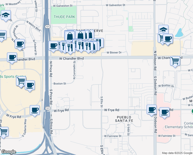 map of restaurants, bars, coffee shops, grocery stores, and more near 2565 West Chandler Boulevard in Chandler