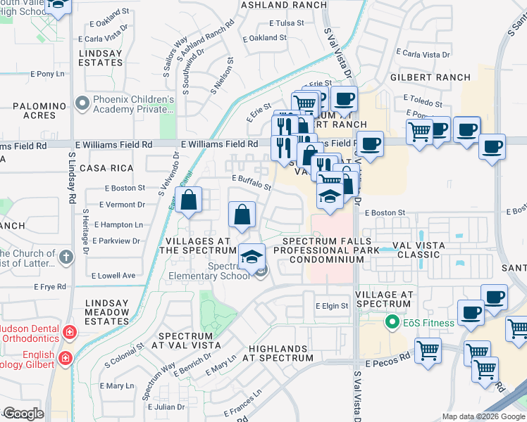 map of restaurants, bars, coffee shops, grocery stores, and more near Palomino Creek Dr in Gilbert