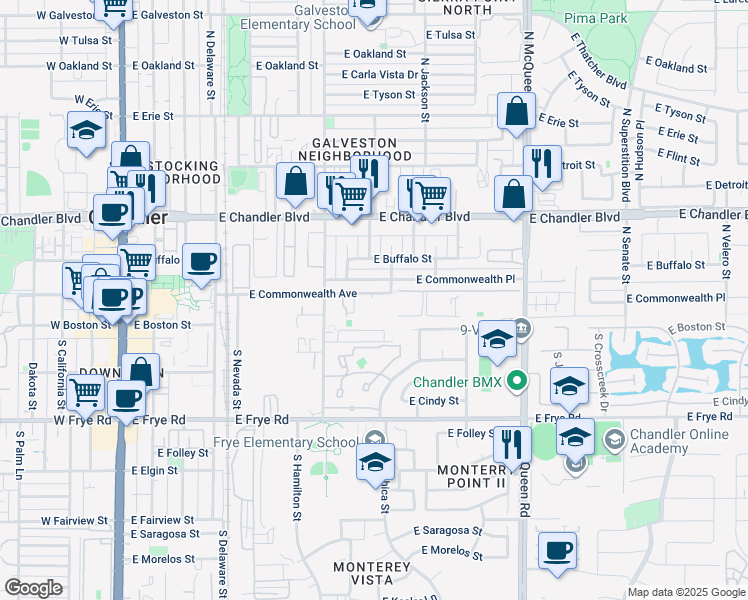 map of restaurants, bars, coffee shops, grocery stores, and more near 655 East Commonwealth Avenue in Chandler