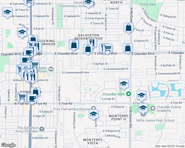 map of restaurants, bars, coffee shops, grocery stores, and more near 655 East Commonwealth Avenue in Chandler