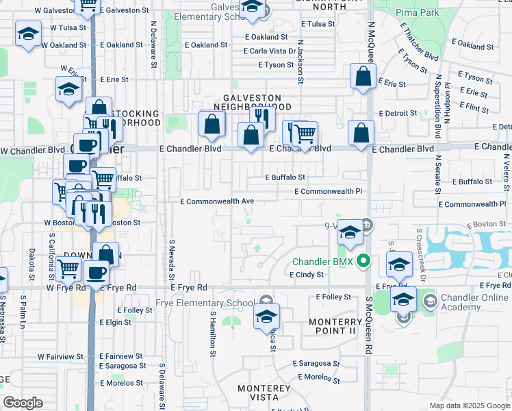 map of restaurants, bars, coffee shops, grocery stores, and more near 655 East Commonwealth Avenue in Chandler