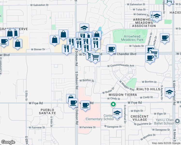map of restaurants, bars, coffee shops, grocery stores, and more near 6 South Yucca Street in Chandler