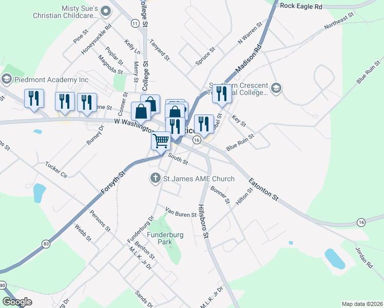 map of restaurants, bars, coffee shops, grocery stores, and more near 208 East Washington Street in Monticello