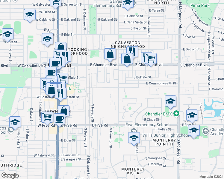 map of restaurants, bars, coffee shops, grocery stores, and more near 506 East Boston Circle in Chandler