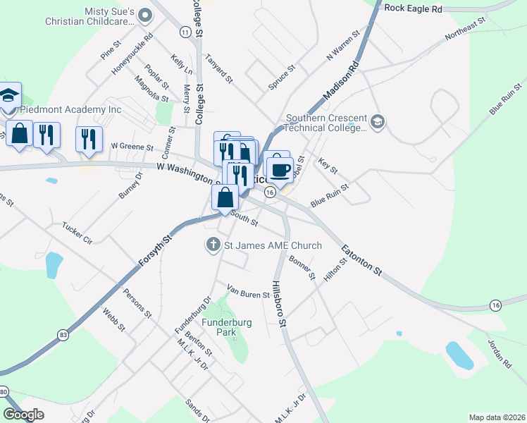 map of restaurants, bars, coffee shops, grocery stores, and more near 208 East Washington Street in Monticello
