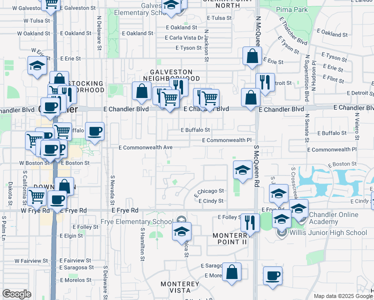 map of restaurants, bars, coffee shops, grocery stores, and more near 699 East Commonwealth Avenue in Chandler
