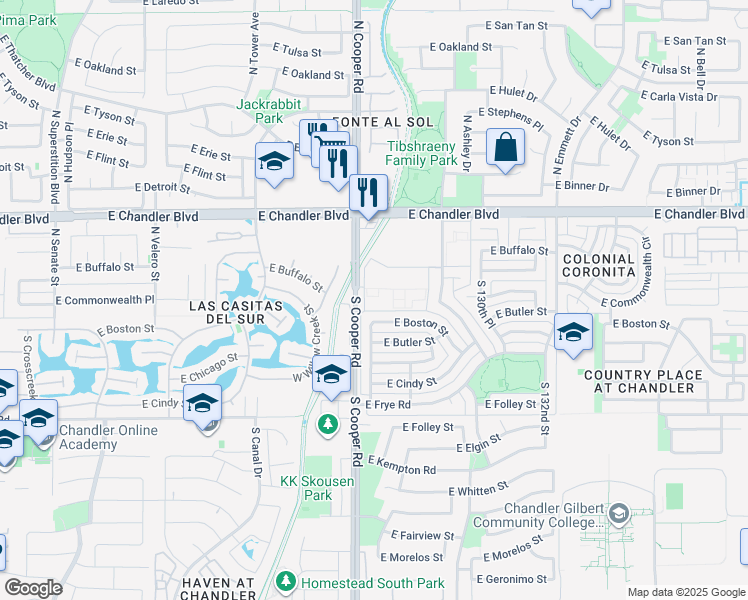 map of restaurants, bars, coffee shops, grocery stores, and more near 125 East Commonwealth Avenue in Chandler