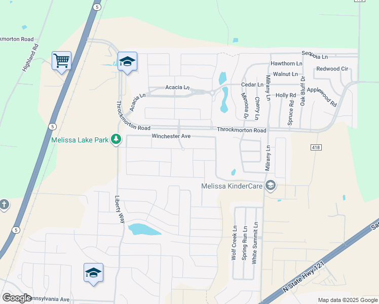 map of restaurants, bars, coffee shops, grocery stores, and more near 4015 Falcon Drive in Melissa