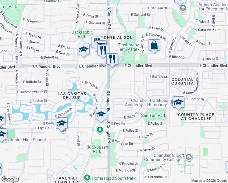 map of restaurants, bars, coffee shops, grocery stores, and more near 125 East Commonwealth Avenue in Chandler