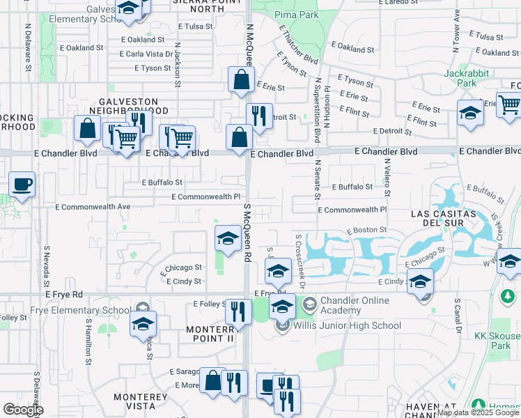 map of restaurants, bars, coffee shops, grocery stores, and more near 1005 East Commonwealth Place in Chandler