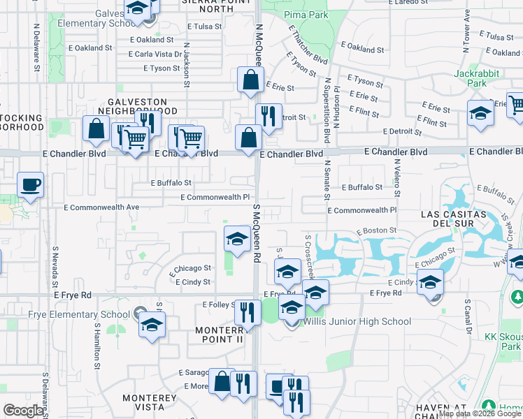 map of restaurants, bars, coffee shops, grocery stores, and more near 1005 East Commonwealth Place in Chandler