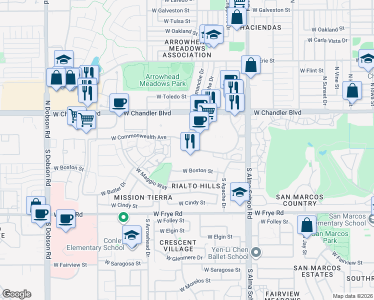 map of restaurants, bars, coffee shops, grocery stores, and more near 11 West Park Lane in Chandler