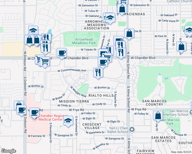 map of restaurants, bars, coffee shops, grocery stores, and more near 11 West Park Lane in Chandler