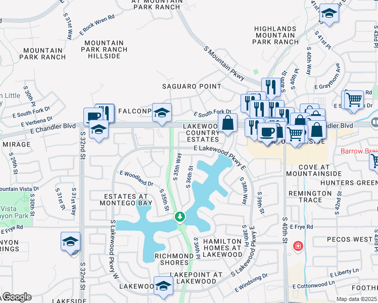 map of restaurants, bars, coffee shops, grocery stores, and more near 3601 East Brookwood Court in Phoenix