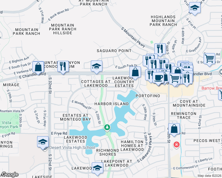 map of restaurants, bars, coffee shops, grocery stores, and more near 3601 East Brookwood Court in Phoenix