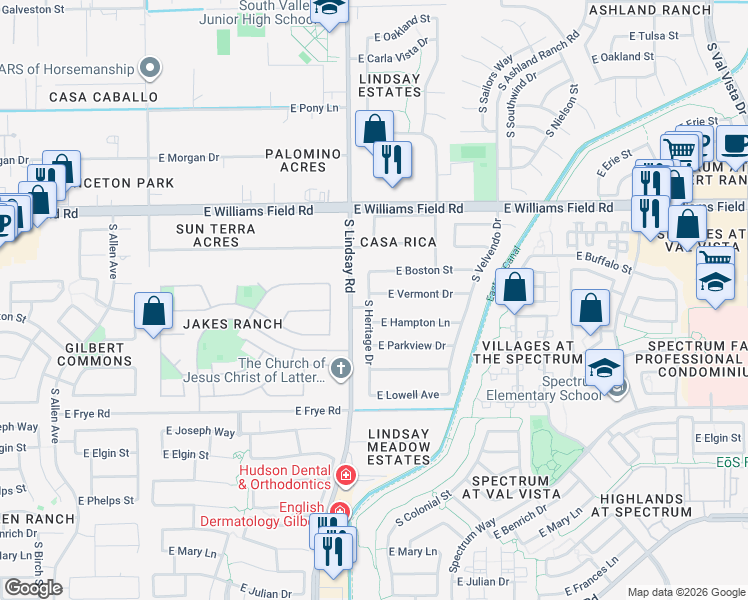 map of restaurants, bars, coffee shops, grocery stores, and more near 851 East Vermont Drive in Gilbert