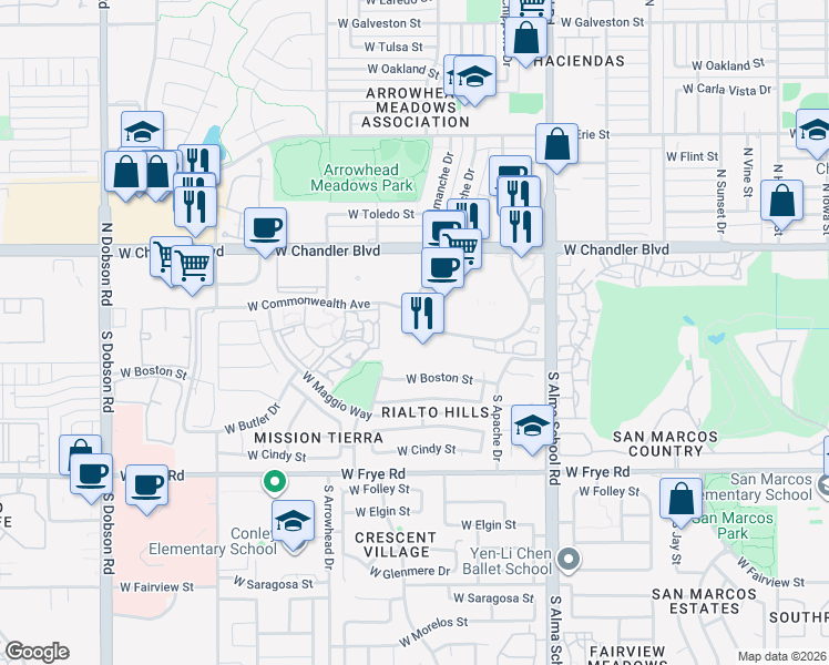 map of restaurants, bars, coffee shops, grocery stores, and more near 11 West Park Lane in Chandler