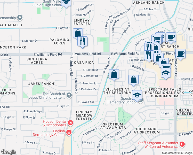 map of restaurants, bars, coffee shops, grocery stores, and more near 1018 East Hampton Lane in Gilbert
