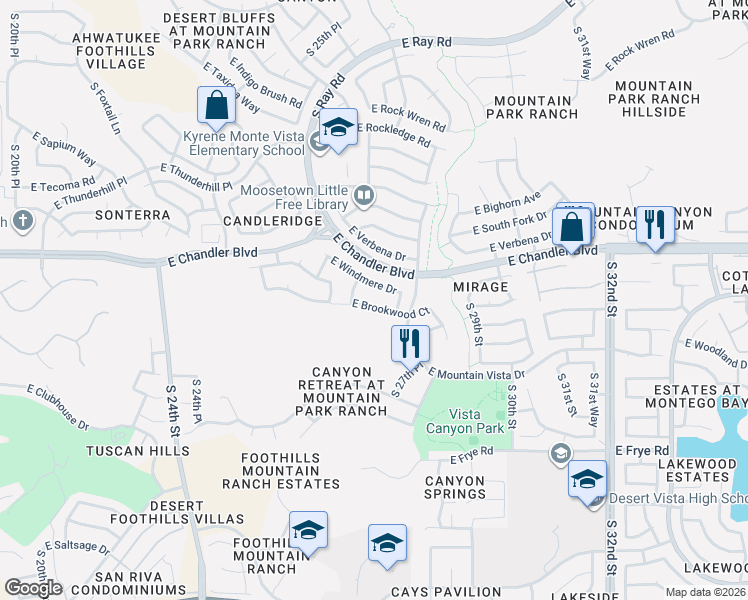 map of restaurants, bars, coffee shops, grocery stores, and more near 2745 East Brookwood Court in Phoenix