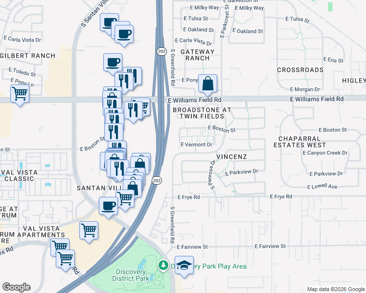 map of restaurants, bars, coffee shops, grocery stores, and more near 2439 East Vermont Drive in Gilbert