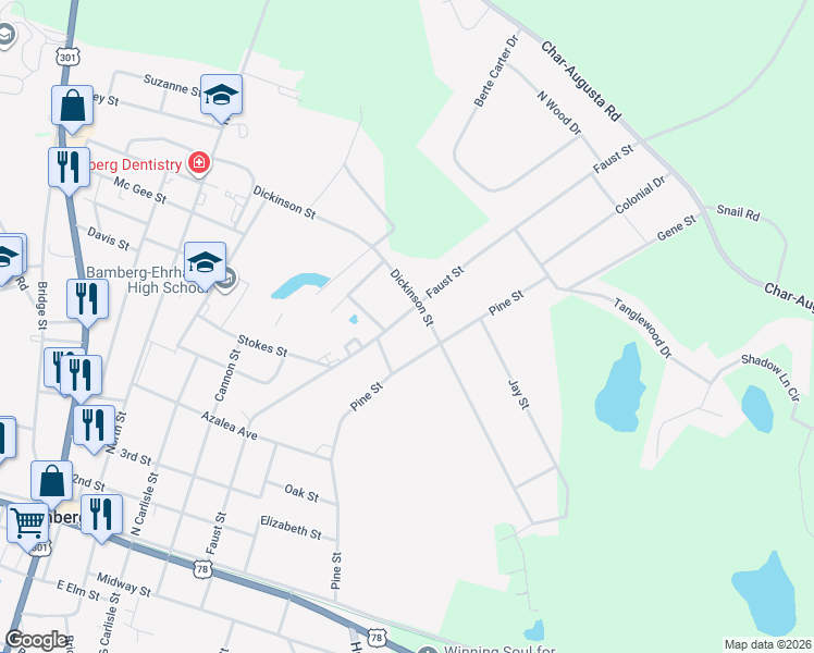 map of restaurants, bars, coffee shops, grocery stores, and more near 3661 Faust Street in Bamberg
