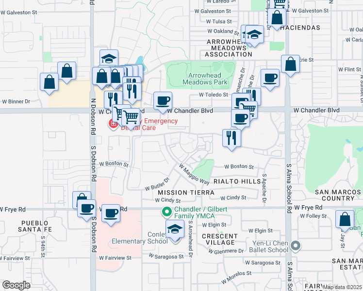 map of restaurants, bars, coffee shops, grocery stores, and more near 13 Maggio Ranch Apartment in Chandler