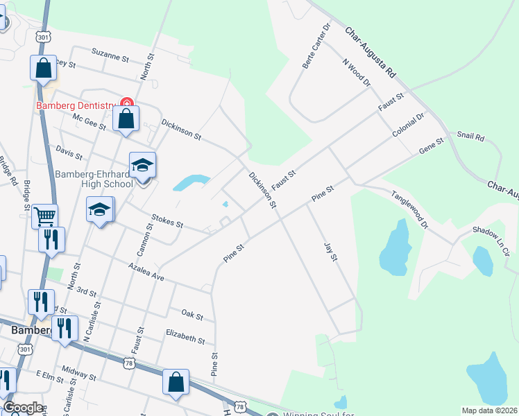 map of restaurants, bars, coffee shops, grocery stores, and more near 3661 Faust Street in Bamberg