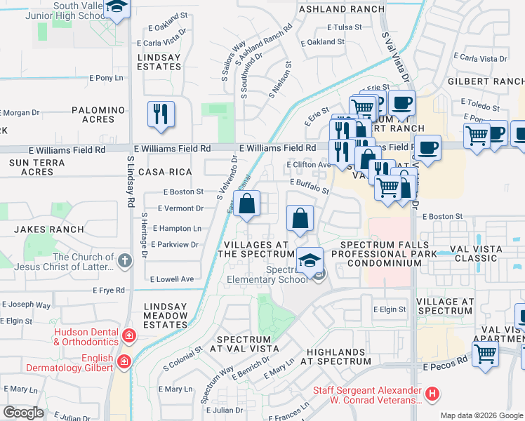 map of restaurants, bars, coffee shops, grocery stores, and more near 1165 East Canyon Creek Drive in Gilbert
