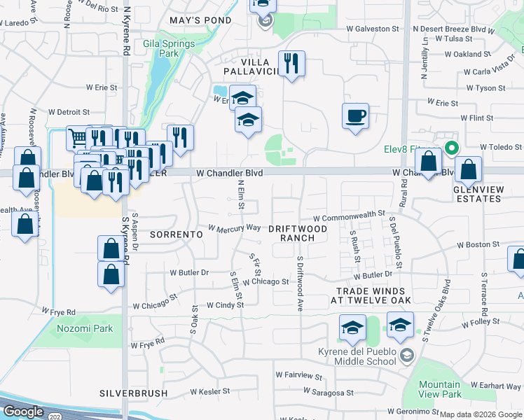 map of restaurants, bars, coffee shops, grocery stores, and more near 5513 West Commonwealth Place in Chandler