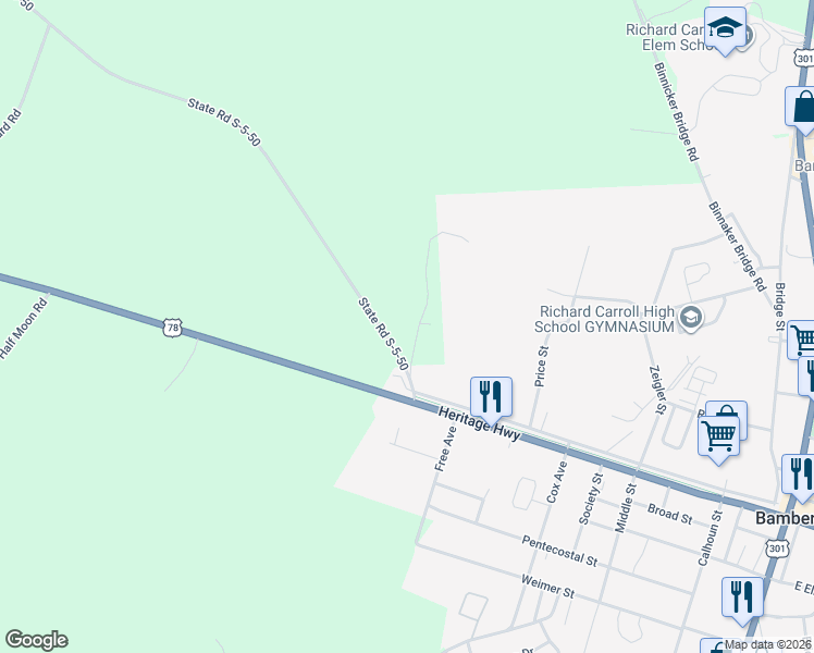map of restaurants, bars, coffee shops, grocery stores, and more near 73 Thankful Cemetery Road in Bamberg