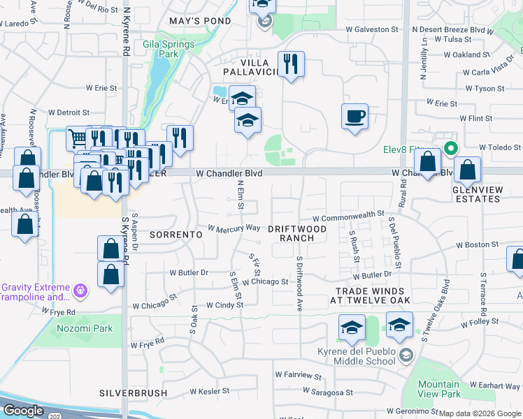 map of restaurants, bars, coffee shops, grocery stores, and more near 5513 West Commonwealth Place in Chandler