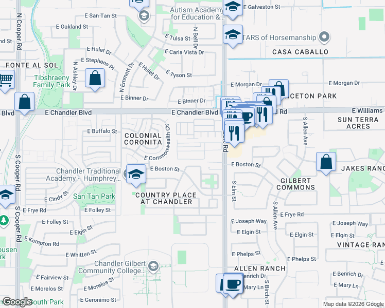 map of restaurants, bars, coffee shops, grocery stores, and more near 15802 South Gilbert Road in Chandler