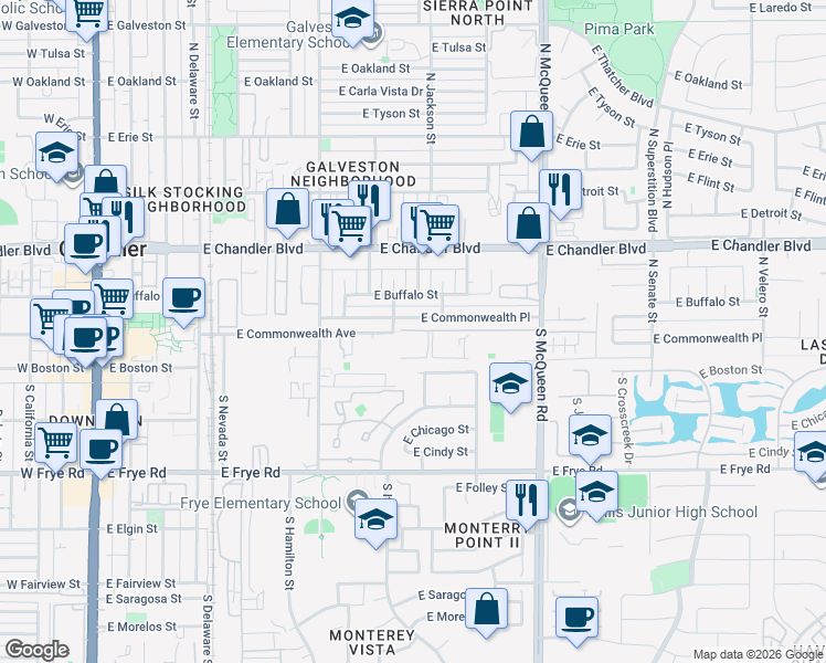 map of restaurants, bars, coffee shops, grocery stores, and more near 699 East Commonwealth Avenue in Chandler