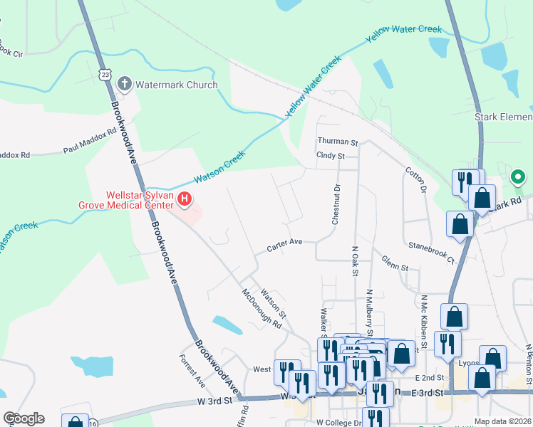 map of restaurants, bars, coffee shops, grocery stores, and more near 364 Oakland Circle in Jackson