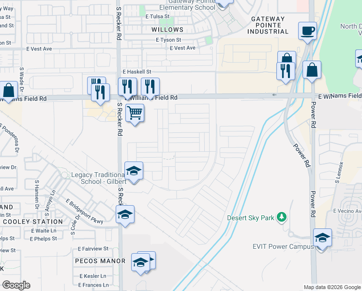 map of restaurants, bars, coffee shops, grocery stores, and more near 4225 East Jones Street in Gilbert