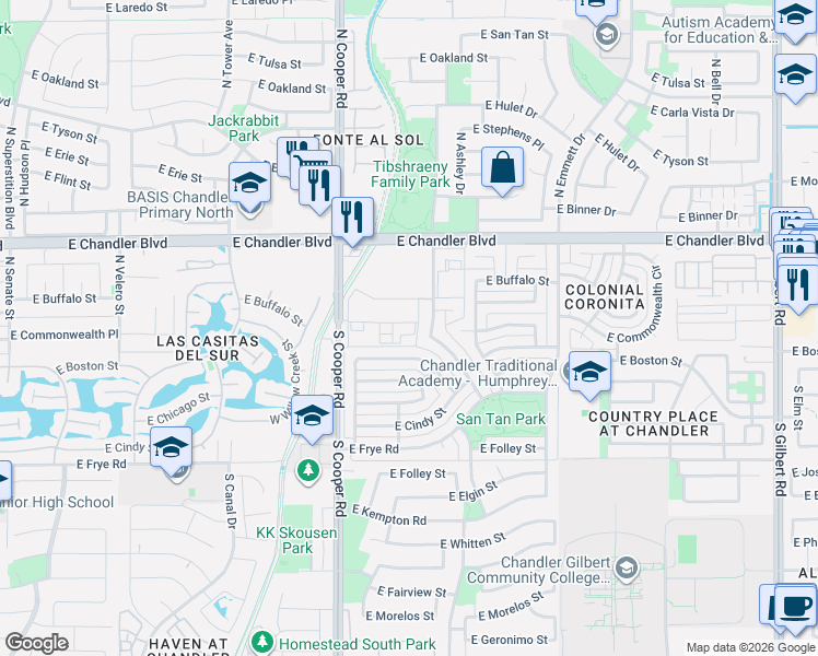 map of restaurants, bars, coffee shops, grocery stores, and more near 2108 East Boston Street in Chandler